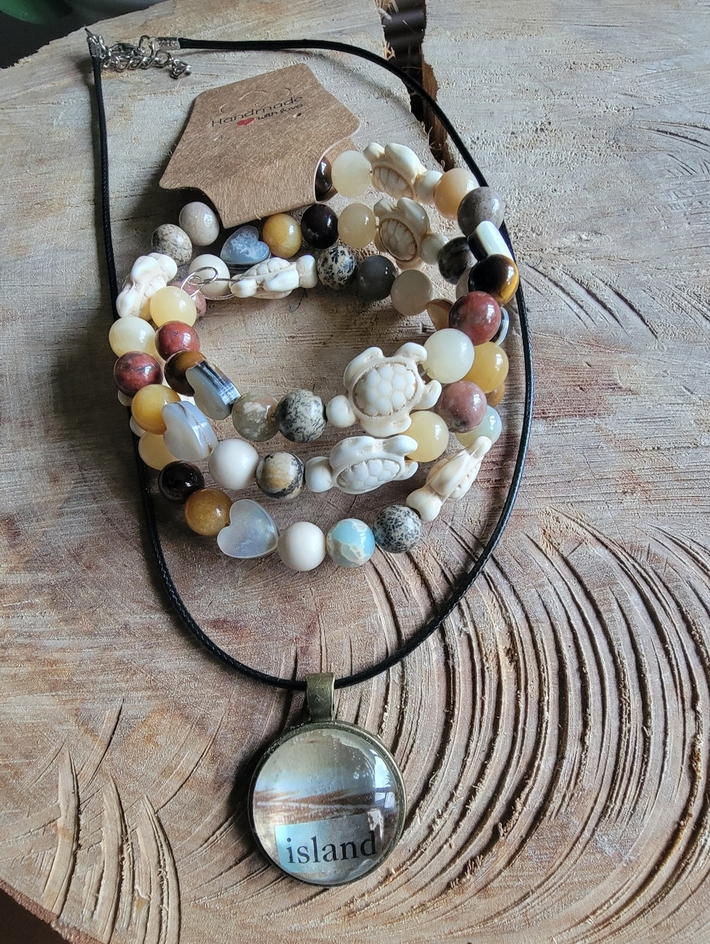 Handcrafted Island Pendant Necklace with Multi-stone Wire Wrap Beaded Bracelet